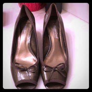Bronze patent leather Peep Toe Wedges. Sz.  8 1/2